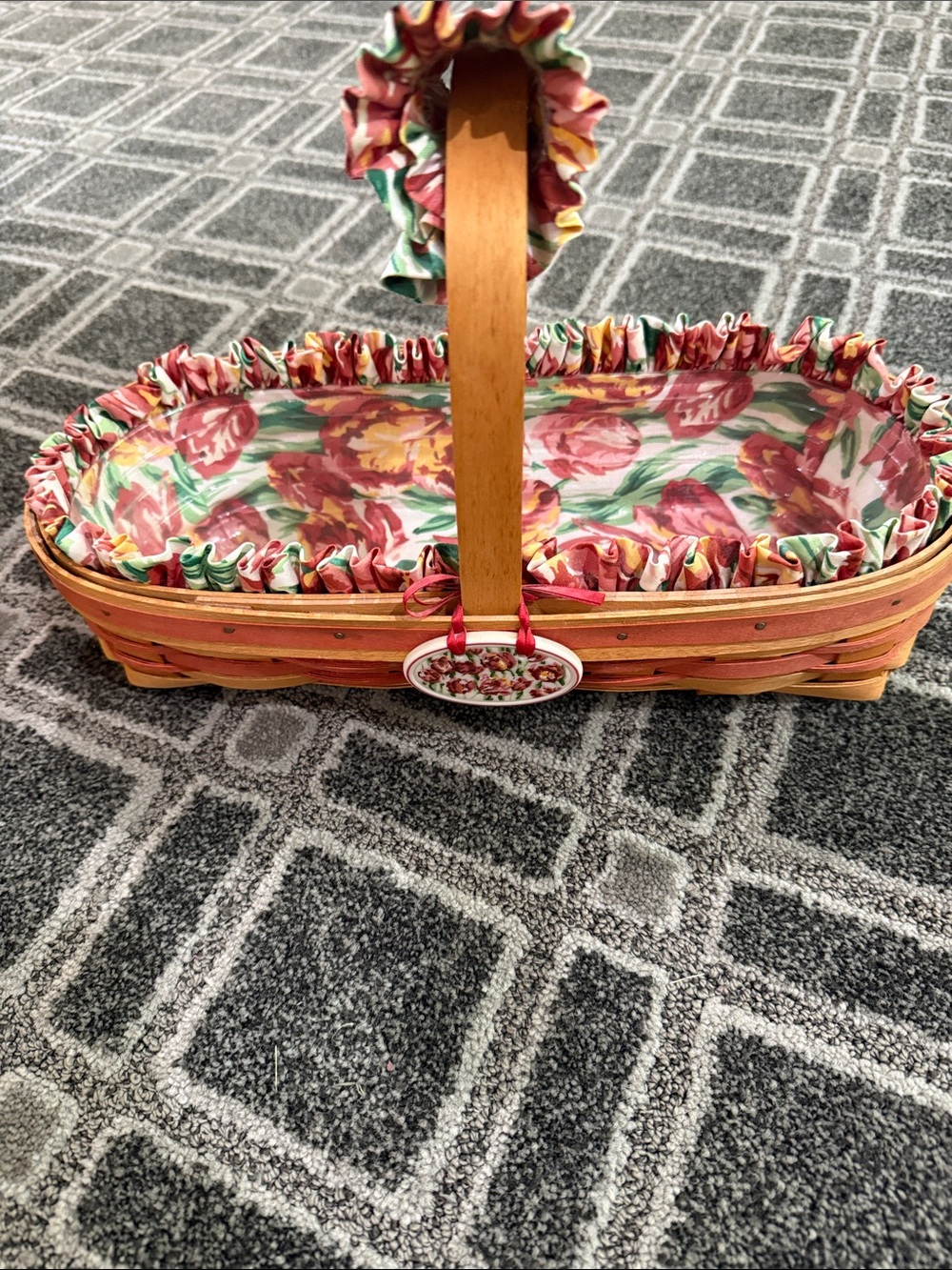 Langenberg tulip Floral Lined Woven Handbasket with Pink and Green Accents
